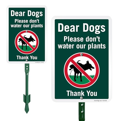 SmartSign 10 x 7 inch Dear Dogs Please Don't Water Our Plants Funny No Dog Pee sign for yard and 18 inch Stake Kit, 40 mil Laminated Rustproof Aluminum, Multicolor, Set of 1