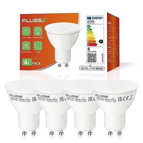 ALUSSO LIGHTING Bombillas LED GU10 de 5W Luz Blanco Frío 6000K, 400 Lúmenes (equivalente a 50W), Bombillas de bajo consumo, Ángulo de haz de 120°, CRI 80, Sin Parpadeos, No Regulable, Pack de 4