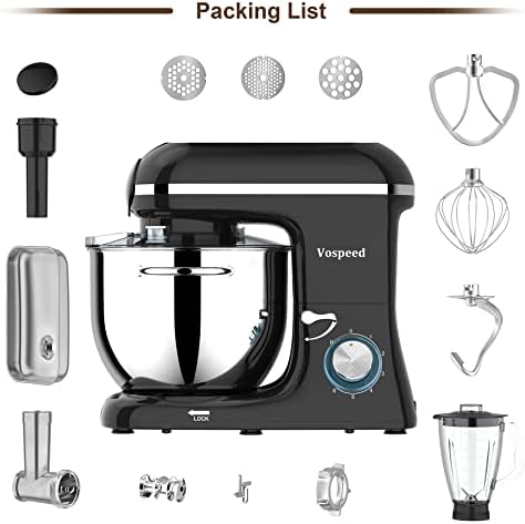 Vospeed 9 IN 1 Stand Mixer, 1500W Multifunctional Food Mixer 7L, Electric Kitchen Mixer with Mixing Bowl, Dough Hook, Whisk, Beater, Meat Grinder, Juice Blender, Dishwasher Safe (Black)