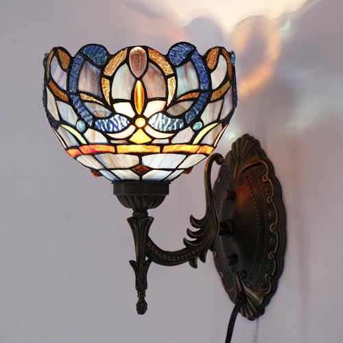 Image of Tiffany Wall Sconce Lamp Stained Glass 8X10.5X11 Inch Plug in Wall Bedside Light for Hallway Bedroom (Blue Purple Cloudy Style)