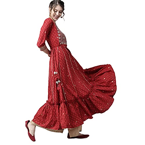 Image of ishin Women's Cotton Regular Fit Anarkali Embellished Zari Embellished Print Kurti