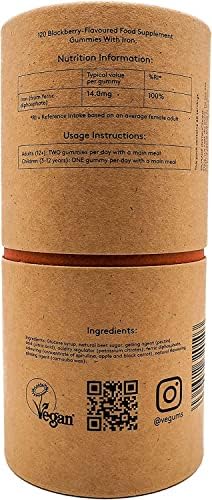Vegums Iron Gummies | Vegan Friendly Gummy Vitamins | 120 BlackBerry Flavoured Chewable Iron Supplements for All The Family | Suitable for Vegans and Vegetarians