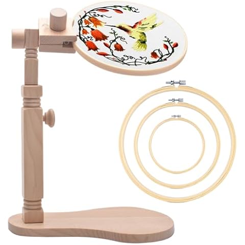TINDTOP Beech Wood Embroidery Hoop Stand, with 3pcs Embroidery Hoops (3inch + 6inch + 8inch), Adjustable Rotated Wooden Embroidery Hoop Holder for Cross Stitch and Embroidery Projects Cover