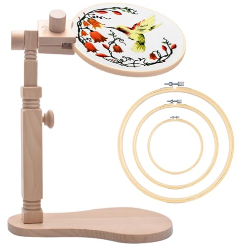 TINDTOP Beech Wood Embroidery Hoop Stand, with 3pcs Embroidery Hoops (3inch + 6inch + 8inch), Adjustable Rotated Wooden Embroidery Hoop Holder for Cross Stitch and Embroidery Projects by TINDTOP - Used condition - US$24.69