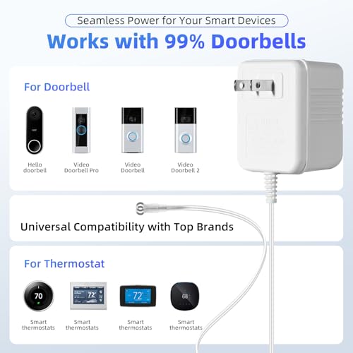 24V Transformateur de sonnettes de porte, 500MA AC Adaptateur pour toutes les versions de sonnettes vidéo, 18ft Alimentation de porte, câble d'alimentation compatible avec bague, Nid, Wyze et Eufy