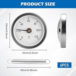 6 termometri, 63 mm, 0 – 120 °C, con molla Clip-On, termometri bimetallici, termometri per caminetti, termometri, termometri per impianti di riscaldamento e caldaie