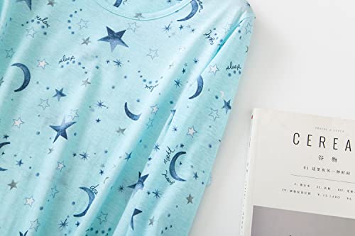 Pnaeong Women's Cotton Sleepwear Long Sleeves Nightgown Print Tee Sleep Dress Xtsy109-Long Blue Star-Xl #TOP2