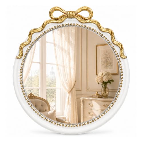 Image of LIN KANG 24 Inch Gold and White Bow Mirrors, Round Decorative Wall Mounted Mirror，Suitable for Entryway, Bedroom, Hallway, Living Room Decoration, Nursery, Girls Room