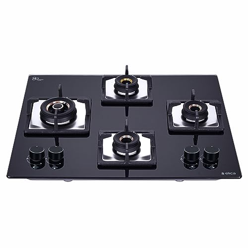 Elica Hob 4 Burner Auto Ignition Glass Top - 3 Mini Triple Ring Brass Burner and 1 Double Ring Brass Gas Stove (Flexi AB HCT 460)