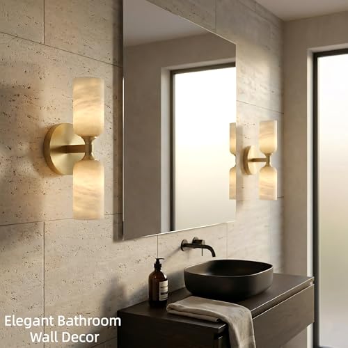Image of Alabaster Wall Sconces, 14 inch Modern Spanish Natural Marble Vanity Light, Dimmable Hardwired Brass Gold Wall Sconce Lighting for Bathroom Mirror, Bedroom, Living Room, Luxury Stone Wall Fixtures (1 Pcs)