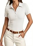 Women's Y2K Vintage Style Polo Shirt Short Sleeve Ribbed Knit Tee Slim Fit V Neck Button Down Trendy Summer Fashion Top White Shirt Small