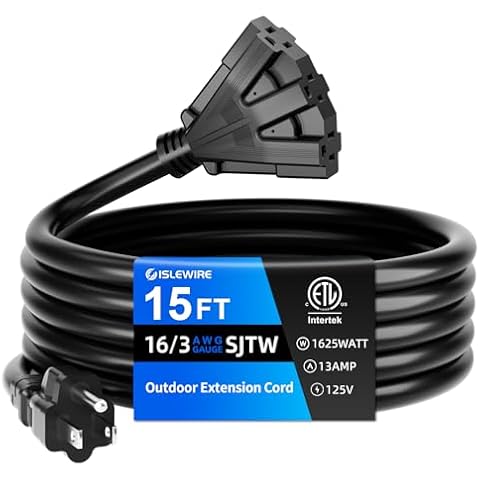 islewire 15 FT 3 Outlet Outdoor Extension Cord Waterproof, 16/3 SJTW Black Extension Cord with Multiple Outlets, Heavy Duty 16 Gauge 3-Prong Grounded Power Cable for Garden and Home Use, ETL Listed Cover