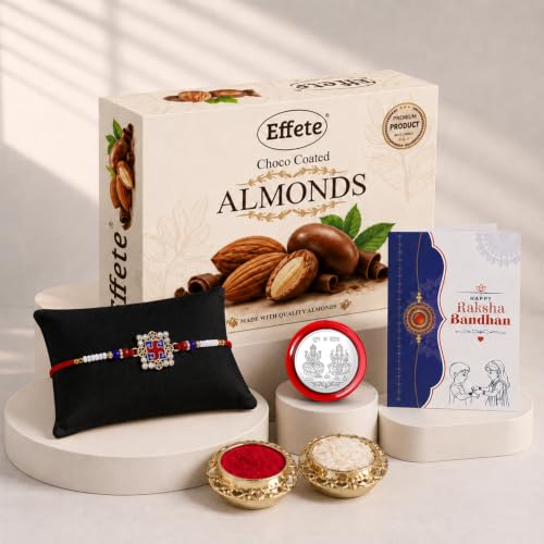Image of DeoDap Rakhi with Chocolate for Brother - Multi Color Square Shape Rakhi with Almond Chocolate 32gms, Silver Color Coin, Greeting Card & Tilak Set - Traditional Raksha Bandhan Pack