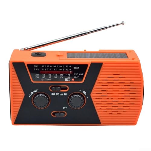 Radio a manovella solare con torcia a LED, power bank da 2000 mAh, batteria AM FM, radio meteo con luce da lettura, per sopravvivenza all'aperto (arancione)