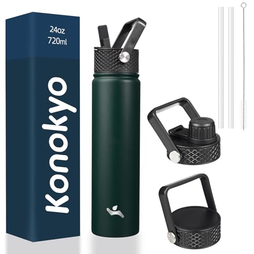Konokyo Insulated Water Bottle 24oz Stainless Steel Sport Bottles with 3 Lids,Army Green