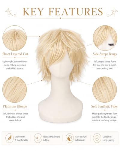 Image of Rose bud Anime Halloween Platinum Blonde Wig for Cosplay Party Synthetic Layered Short Hair Wigs with Bangs Pastel Funny Wigs for Women Men