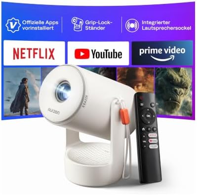 Aurzen E1 Mini Beamer mit Offiziellem Netflix, Smart Projektor Heimkino | 180° Drehbar, 3W Lautsprecher, HDR10, Automatischer Trapezkorrektur, WiFi & Bluetooth, 1.1:1 Kurzdistanz