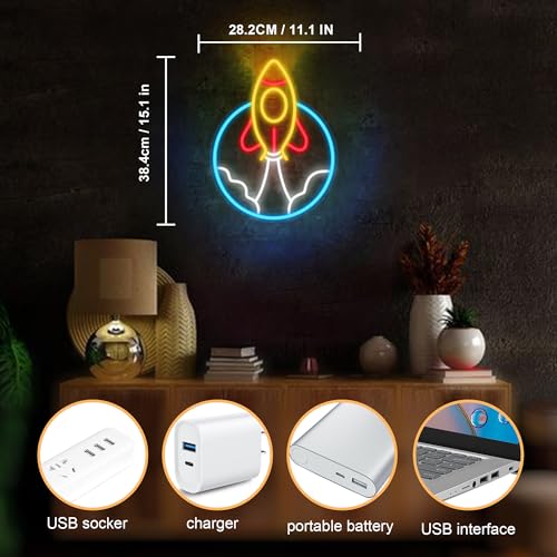 Image of CoolGift Mart Rocket Neon Sign, LED Light Room Decor, USB Powered Light Up Space Element Universe Theme Decoration, for Bedroom Living Room Gaming Room Man Cave Home Party Birthday Gift for Teen Boys