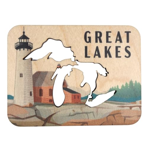 Imán de Madera Great Lakes con Escena de Faro miniatura 1