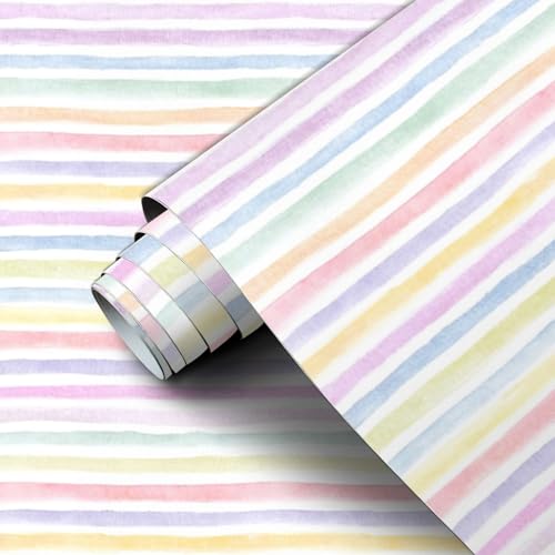 Peel and Stick Wallpaper Pastel Watercolor Stripes Soft Rainbow Hues Wall Mural Contact Paper Self Adhesive Wallpaper Removable Wall Sticker for Bedroom Kitchen 24"x118"