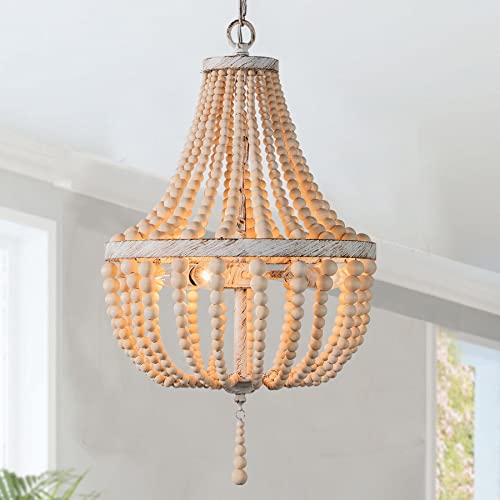 Topaluce 3-Lights Wood Bead Chandelier Boho Light Fixture,Antique Rustic Metal White Oak Beaded Chandelier Kitchen Island Pendant Lighting for Dining Room,Bedroom,Entryway,Foyer