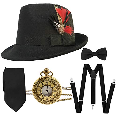 1920s Mens Gatsby Costume Accessories,Manhattan Fedora Hat w/Feather,Vintage Pocket Watch,Suspenders,Pre Tied Bow Tie,Tie