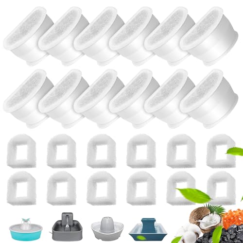 Rigidstone Filtre Fontaine Eau Chat, 12 Filtres Au Charbon De Remplacement+12 Filtre en Mousse de Rechange pour Fontaines PetSafe Drinkwell Avalon, Pagode, 2...