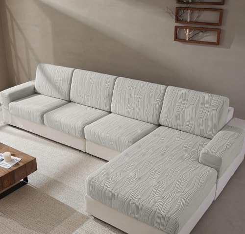 Couch Cushion Covers, Super Stretch Washable Sofa Slipcovers for L Shaped & Modular Seats, Pet-Friendly Furniture Protector with Stripe Design, (3 Seat Covers S, Light Gray)