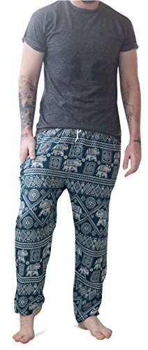 Mens Thai Yoga Pants - Traditional Baggy Rayon Harem Trousers - Casual Martial Arts, Gym, Festival & Lounge Wear with Drawstring Waist & Classic Hippy Elephant Design (Turquoise)