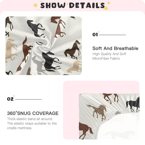 Image of Horses Beige Fitted Crib Sheet for Boys Girls Baby Mini Crib Sheets Fitted for Toddler Bed,52 X 28 in