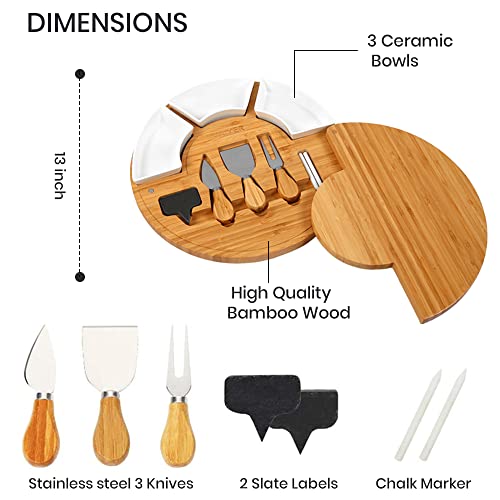 Vaiyer Charcuterie Cheese Cutting Board Set Includes 13 Inch Round Cheese Board With 3 Knives, 3 Ceramic Bowls With 2 Slate Labels And Chalk Marker, Cheese Serving Platter Meat, Housewarming Gift #TOP1
