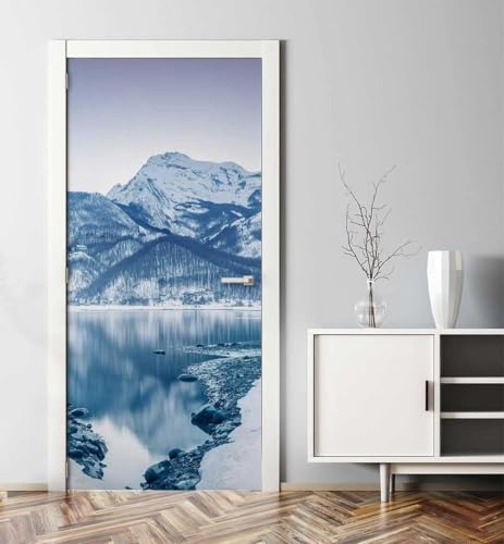 Pegatinas Puerta 3D Montaña Nevada Pegatinas para Puertas de Vista Al Lago Vinilo Decorativo Pegatina Pared Mural para Puerta Autoadhesivas Papel Pintado Puerta 90x210 cm B-4355