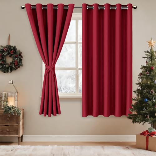 DWCN Rideaux Occultants Isolant Thermique Anti Froid, Rideaux à Oeillets pour Chambre Fille, Noël Rouge, 2 Pièces, 167x183 CM (Largeur x Hauteur), Rouge