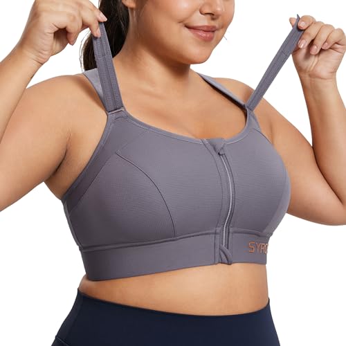 Image of SYROKAN Womens' Sports Bra High Impact Support Zip Front Adjustable Large Bust Racerback Wirefree Padded The Wild Wood 34DD