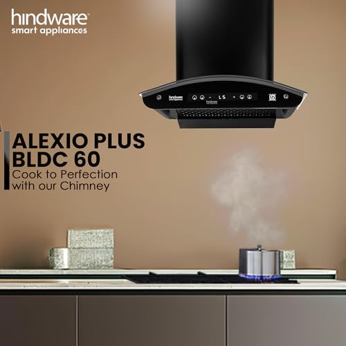 Image of Hindware Smart Appliances | Alexio Plus BLDC 60 cm Chimney | 1450 CMH | Curved Glass | Filterless | Auto Clean | Touch Control, Motion Sensor | 12 Yrs Warranty on Motor & 3 Yrs on Product (Black)