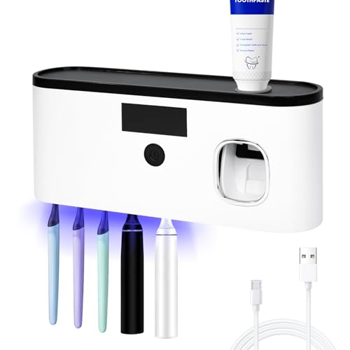 Punch-Free Wall Mounted Bathroom Toothbrush Holder, 5 Toothbrush Slots, Bathroom Toothbrush Sterilizer with Toothpaste Dispenser USB Charging Toothbrush Holder (White)