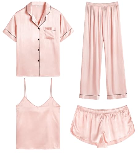 Image of SWOMOG Womens Silk Satin Pajamas Sets 4pcs Sleepwear Sexy Cami Shorts Set and Button Down Short Sleeve Pjs Loungewear Blush Pink Medium
