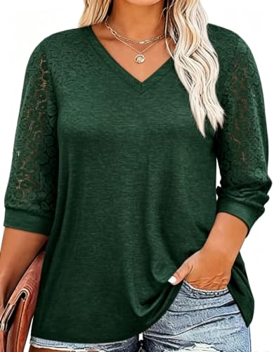 Chulianyouhuo Plus Size Tops for Women 3/4 Lace Sleeve V Neck Tee Shirt