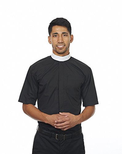 Silver Label By FHS Men's Short Sleeves Full Neckband Clergy Shirt Black (Includes Collar) (19-19 1/2)