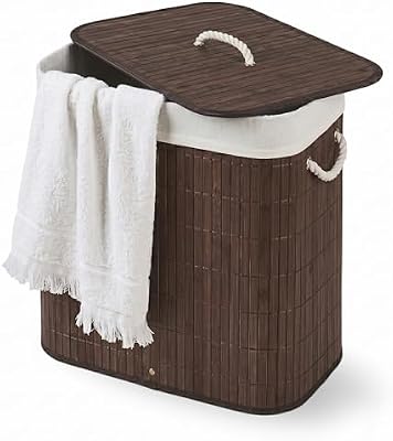 Cesto De Roupa Suja com Alças Em Bambu Com Tampa Forrado Banheiro Lavanderia Quarto