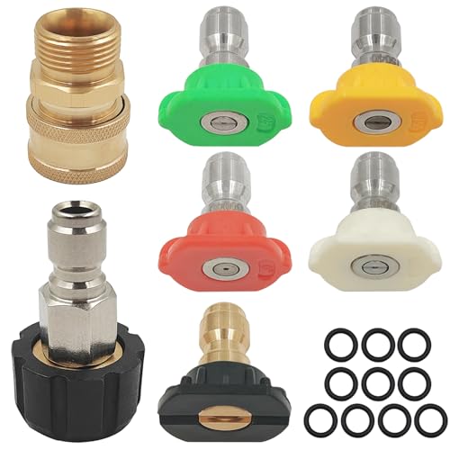 5 Pcs Pressure Washer Spray Nozzles + 2 M22 14mm Quick Connect Kit + 10 O-Rings Replacement for 1/4 inch & 3/8 inch, 5 Degrees Quick Connection Tips, Power Washer Fittings Wand Tips Set, 4000 PSI