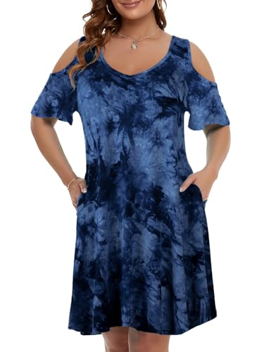 Image of JollieLovin Womens Plus Size Short Sleeve Cold Shoulder V Neck T-Shirt Dress with Pockets