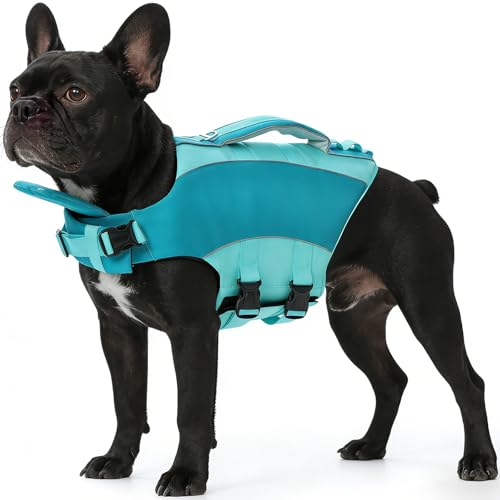 Kuoser Dog Life Jacket, Adjustable Pet Float Coat with Neck Floating Board, Rescue Handle & D-Ring, Reflective Dog Life Vest for Small Medium Large Do