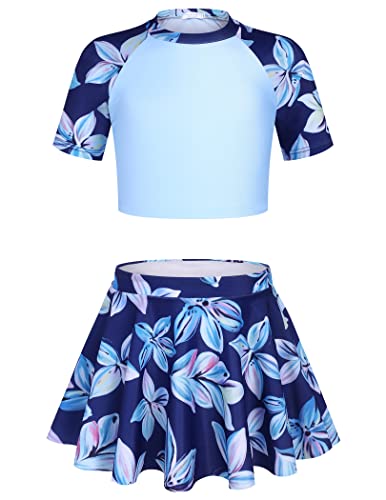 Arshiner Girls' 3 Piece Swimsuits Short Sleeve Crop Rash Guard Top Bikini Bottoms Set With Cover Up Beach Skirt Blue Floral Bathing Suit Size 8 #TOP7