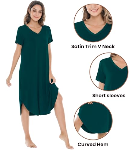 Image of NACHILA Nightgowns for Women-Viscose Made from Bamboo, V Neck Sleepshirts Short Sleeve Sleepwear Cool Nightshirt