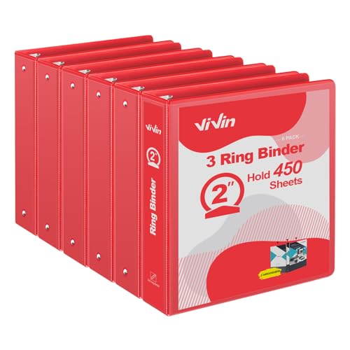 ViVin 2 Inch Round Ring View Binder for Durability, Standard 3 Ring Binder for 450 Sheets of US Letter Size Paper, PVC-Free, 6-Pack (Red) by ViVin - Used condition - US$16.31