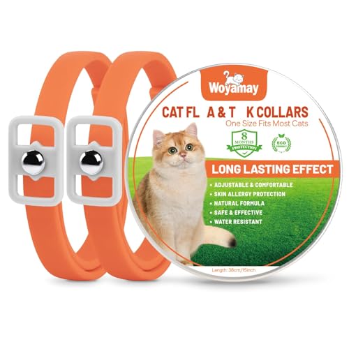 Woyamay Collar Antiparasitario Gatos, Collar Antipulgas Gatos Collar Antipulgas y Garrapatas, Ajustable Resistente Al Aqua, 8 Meses de Protección, para Qualquier Tamaño de Gato, Naranja (2 Unidades)