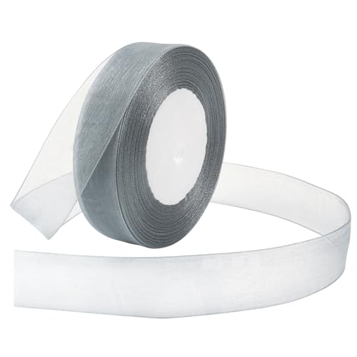 Loomesh Grey Ribbon for Gift Wrapping 1 inch Tulle Sheer Organza Ribbon