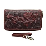 Berchirly Men's Loong Dragon Embossed Leather Wallet Men Retro Checkbook Bag Purse (Red Brown)