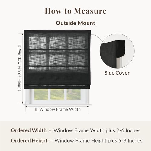 Image of TWOPAGES Liz No Drill Cordless Roman Shades Linen Textured Roman Blinds for Windows, Custom Made Room Darkening Blackout Roman Window Shades, Hardware Included, Black, 1 Piece